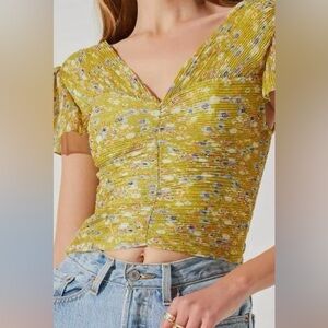 Forest Fairy Lime Green Floral V-Neck Smocked Crop Top Flutter Sleeves Earthcore